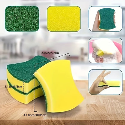 Waist-Shaped Cleaning Sponges in Yellow and Green, 12- or 24-Piece Double-Sided Scouring Pad Options for Compatible Dishwashing and Household Kitchen Cleanup