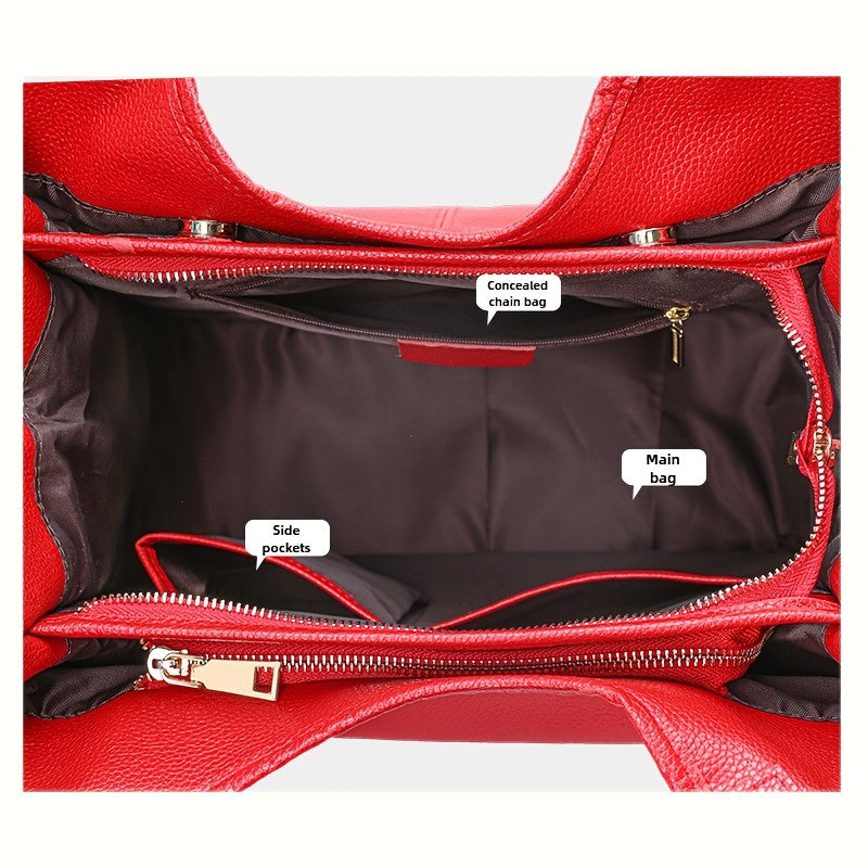 Leather Tote Bag for Women with Vintage Styling, Listed Cowhide Material, Zipper Closure and Gold-Tone Hardware in Black, Red or Fog Blue for Everyday Outfits