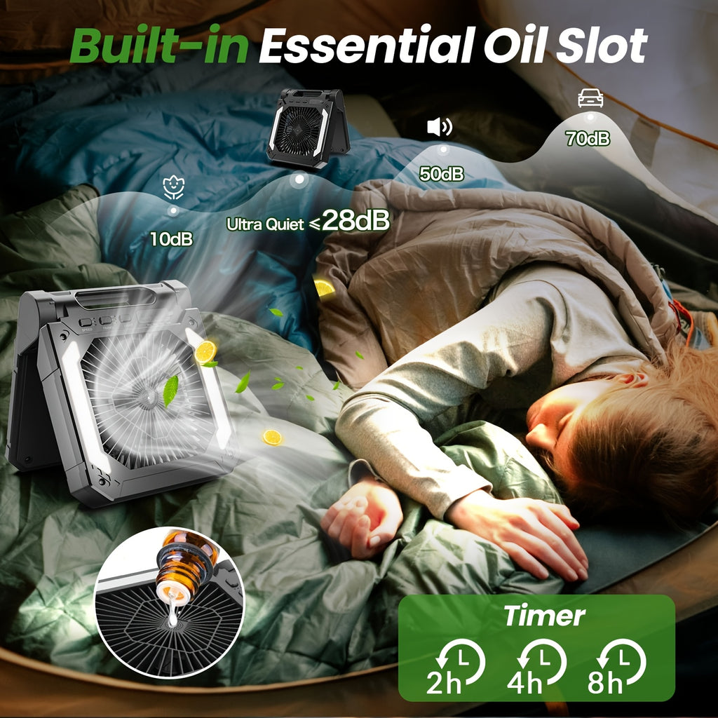 Six-Speed Camping Fan with Light and Digital Display, Listed 10000mAh Rechargeable Battery and 120° Oscillation for Tent Airflow in Orange, Black or Green