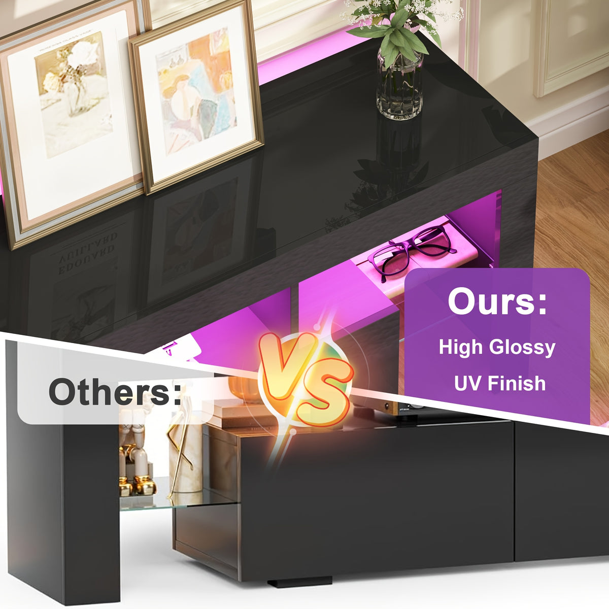 Black LED TV Stand with Listed 51-Inch Length and Single Storage Drawer, Modern Entertainment Media Console for Living Room, Bedroom and Game Room Organization