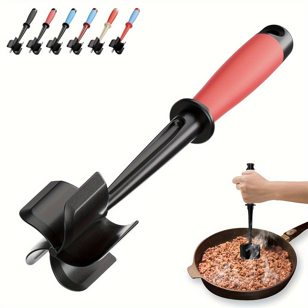 Five-Curved-Blade Ground Beef Chopper, Manual Hamburger Meat Masher and Mixing Utensil in Blue Black, Reddish Black or Black for Home Kitchen Meal Preparation