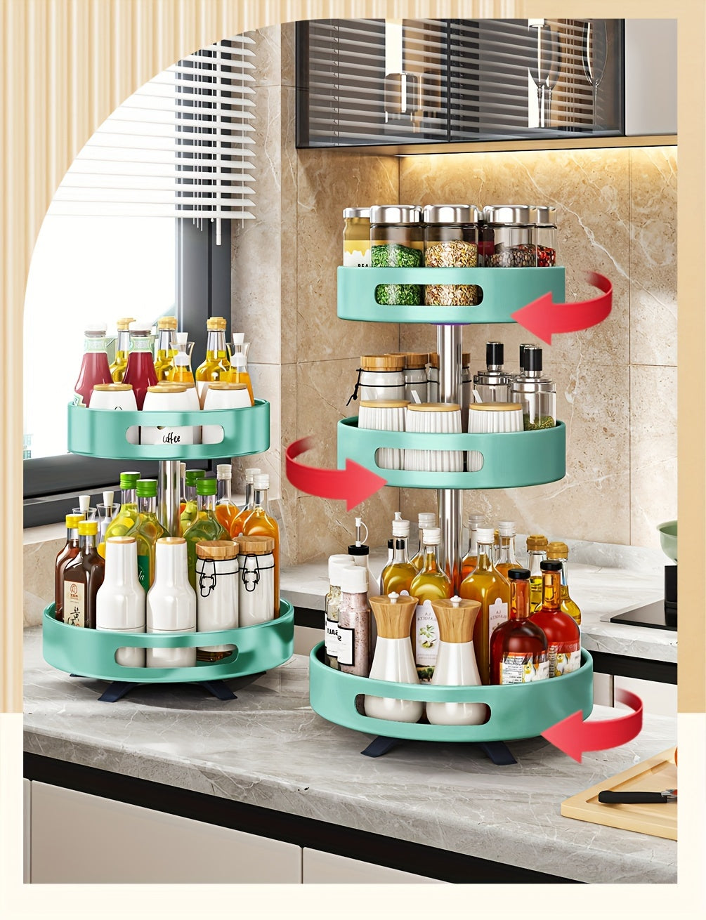 Rotating Spice Rack with Double-Layer Storage, Large Green, Silvery, White or Black Option Labels for Kitchen Countertop Seasoning and Corner Organization