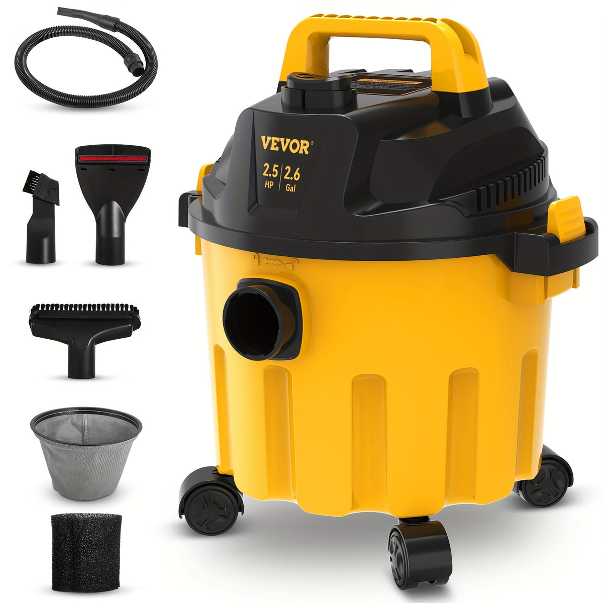 VEVOR 3-in-1 Portable Shop Vacuum 2.6 Gallon, 2.5 Peak HP Wet Dry Vac with Blowing Function and Attachments Storage, Lightweight Compact Vacuum Cleaner for Garage, Car Detailing, Workshop, Carpet, Upholstery and Home Cleanup, Black and Yellow