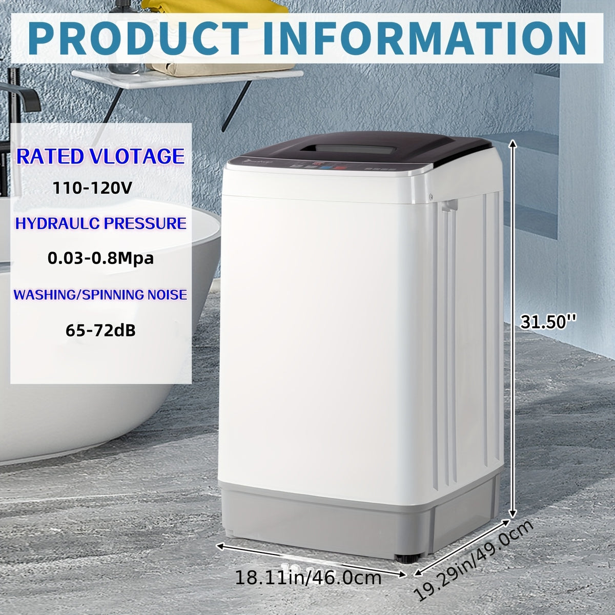 Automatic Top Load Portable Washing Machine with Spin Cycle and Listed Drain Pump, Multiple Gray or White Capacity Options for Apartment, Dorm and RV Laundry