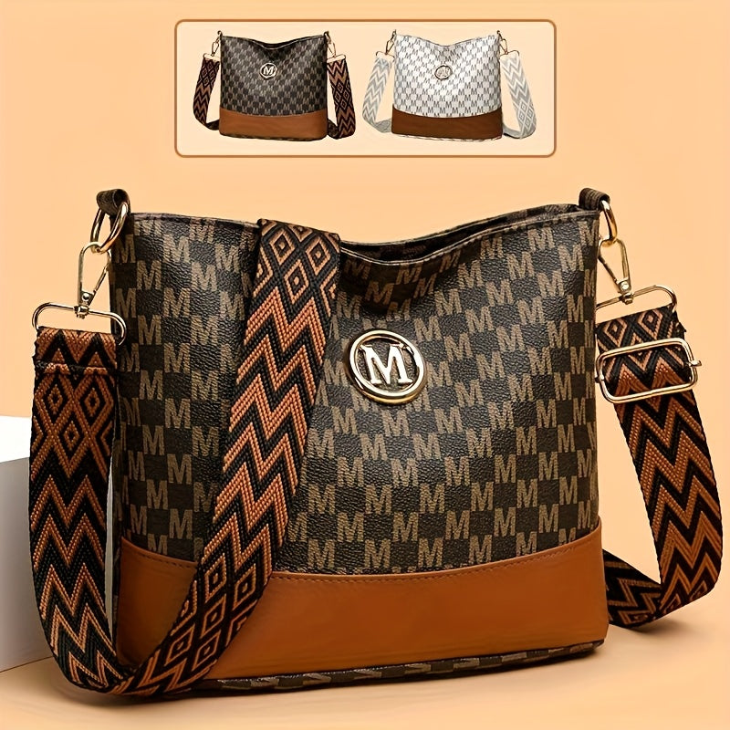 Patchwork Shoulder and Crossbody Bag with Vintage Styling and Wide Lettered Woven Strap, White or Brown Options for Workday Outings, Shopping and Dining