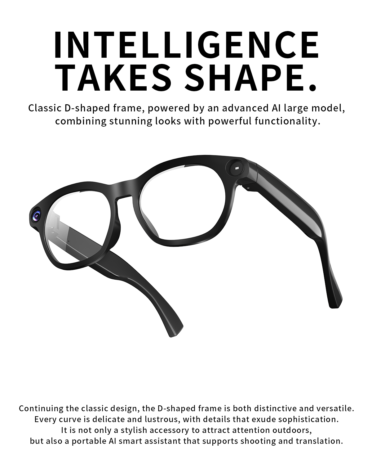 8MP-Labeled AI Camera Smart Glasses in Black with Video and Audio Recording, Bluetooth Calls and Music, Touch Controls and Listed Translation Features