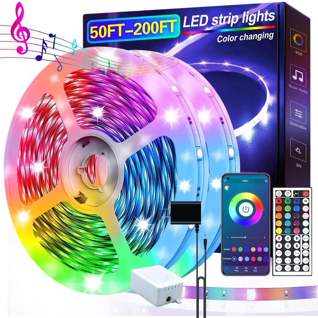App-Controlled RGB LED Light Strips with Listed Music Sync and Remote Control, 200FT or 130FT Length Labels for Bedroom, Living Room and Holiday Decor