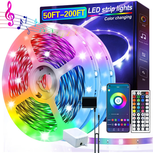 App-Controlled RGB LED Light Strips with Listed Music Sync and Remote Control, 200FT or 130FT Length Labels for Bedroom, Living Room and Holiday Decor