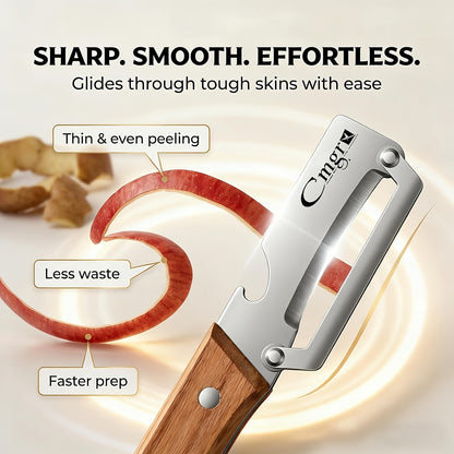 Wooden Handle Vegetable Peeler Set, Two-Piece Stainless Steel Blade Kitchen Tools with Listed Bottle Opener Function for Potatoes, Apples and Zucchini