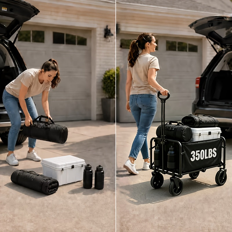 Small Folding Wagon in Black with 50LBS Model Label, Collapsible Utility Cart and Adjustable Pull Handle for Grocery, Garden Supply and Camping Gear Transport