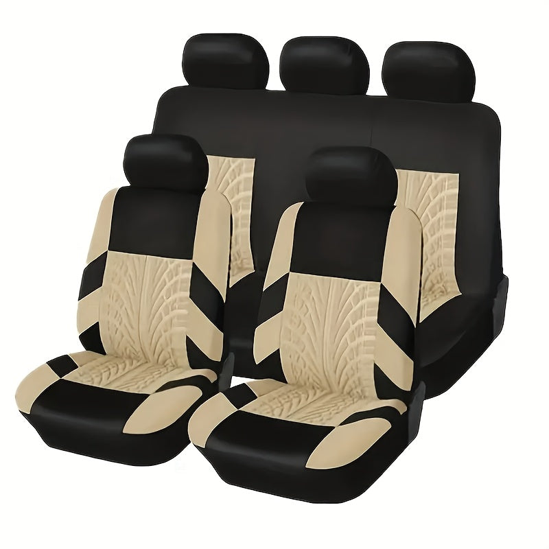 Tire-Track Car Seat Covers for Five Seats, Full-Enclosure Breathable Fabric Style with Two Front and Three Rear Seat Coverage in Multiple Color Options