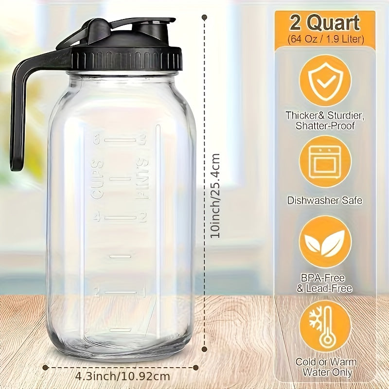 64oz Glass Pitcher with Handle and Pour Spout Lid, Wide Mouth Mason Jar Water Jug in 2-Pack, 3-Pack or Cup Set Options for BBQs and Fridge Storage