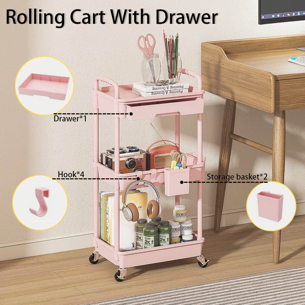Three-Tier Rolling Storage Cart with Drawer, Plastic Organizer with Lockable Wheels, Listed Cup Holders and Hooks in Five Colors for Kitchen, Bathroom and Office