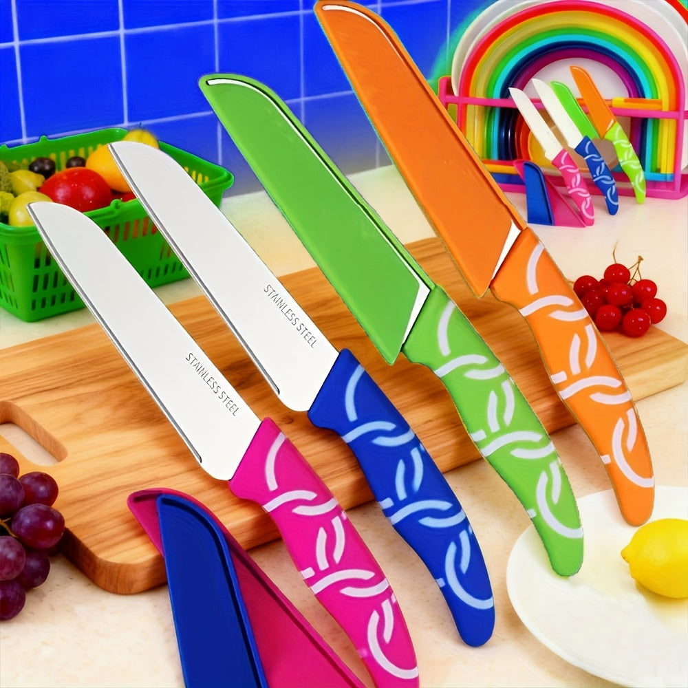 Fruit Paring Knife Set with Polished Stainless Steel Blades and Silicone Handles, Red Green and Yellow Peeling Knives with Listed 3-Piece Options