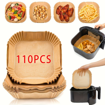 Square Air Fryer Paper Liners in 55, 110 or 220-Piece Packs, Disposable Nonstick Parchment for Compatible Basket Cooking, Baking and Everyday Meal Preparation