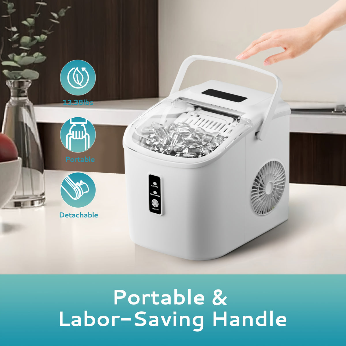 Carry-Handle Countertop Ice Maker with Bullet or Nugget Ice Option Labels, Self-Cleaning Wording, Basket and Scoop for Kitchen and Office Drink Preparation