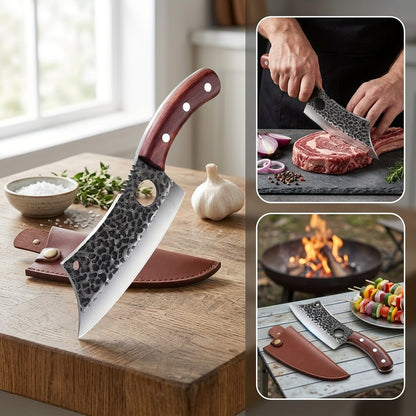 High Carbon Steel Meat Cleaver with Oak Wood Handle and Sheath, Viking Style Kitchen Knife for Meat and Vegetable Preparation, Camping Cooking and BBQ