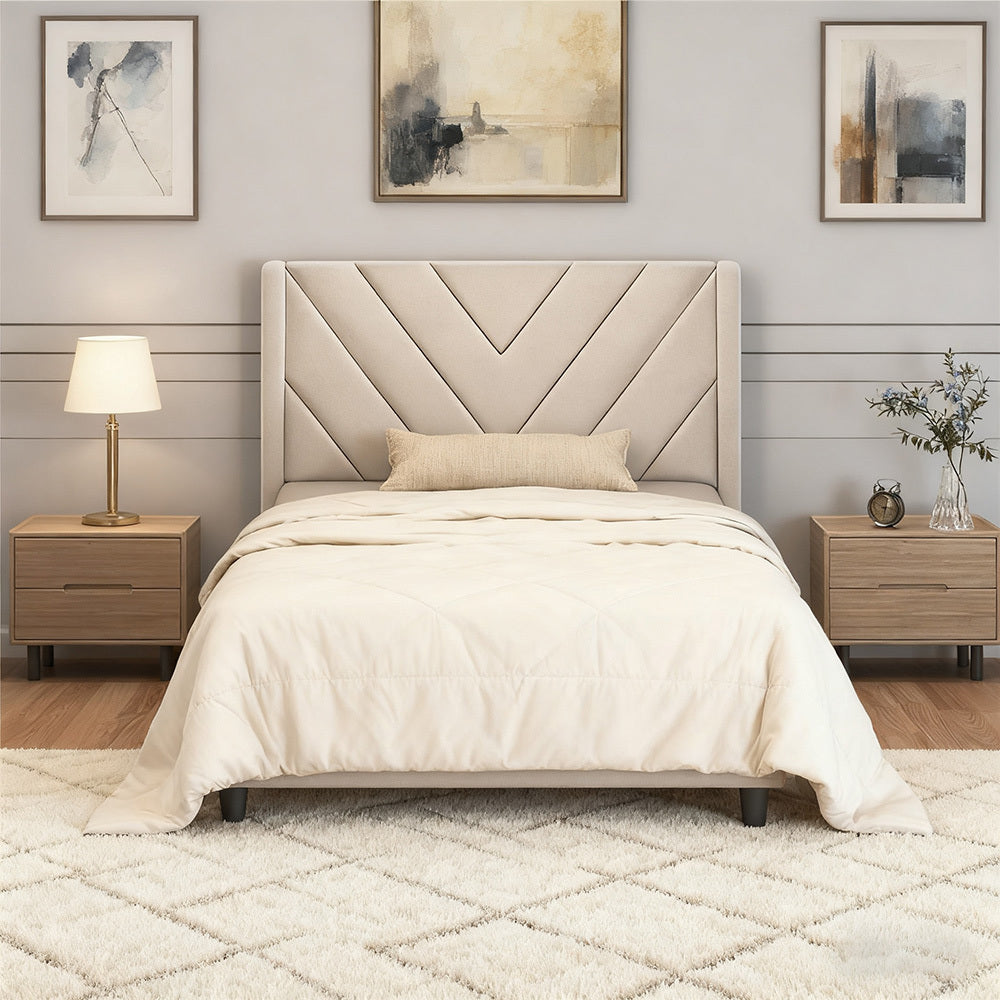 Velvet Platform Bed Frame by Costoffs with Wingback Headboard and Geometric Stitching, Wooden Slat Support, No Box Spring Needed, Twin to King Options