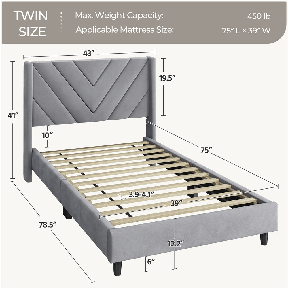 Velvet Platform Bed Frame by Costoffs with Wingback Headboard and Geometric Stitching, Wooden Slat Support, No Box Spring Needed, Twin to King Options