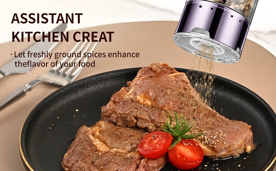 Automatic Salt and Pepper Grinder Set, 2 Refillable Electric Mills in Silvery with LED Light, Adjustable Coarseness and One-Handed Operation for Kitchen Seasoning