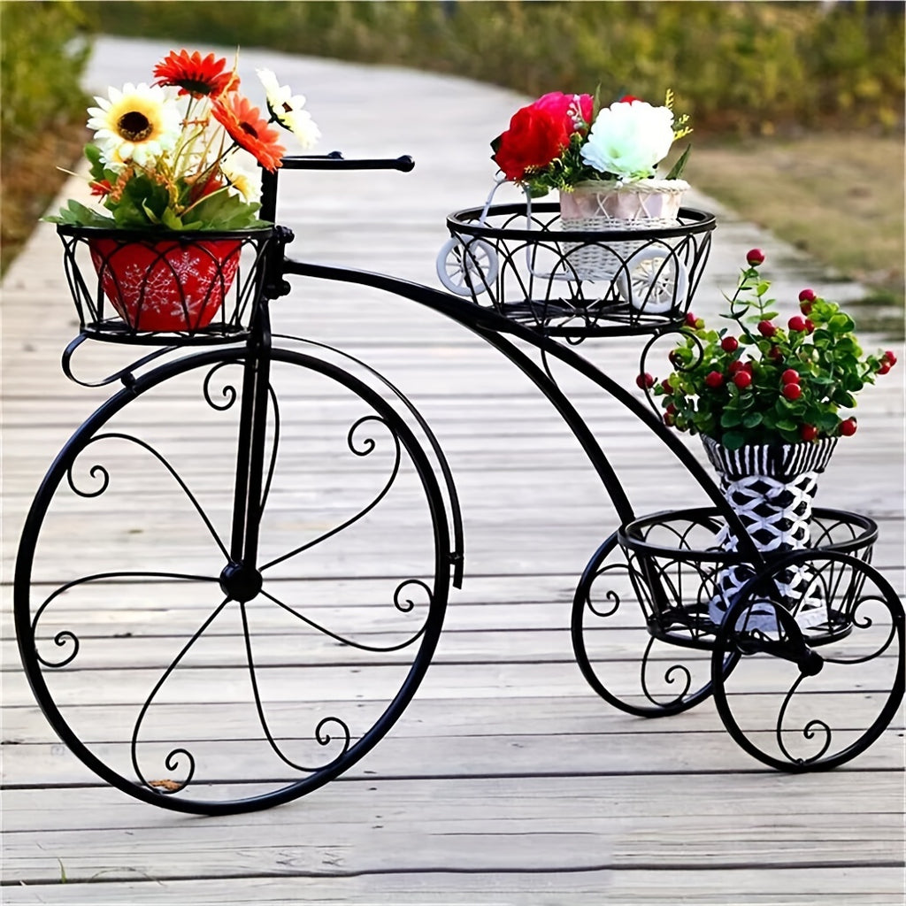 Tricycle Plant Stand in Black or White with Three Iron Pot Holders, Decorative Bicycle Flower Display with Fixed Wheels for Home and Suitable Patio Spaces