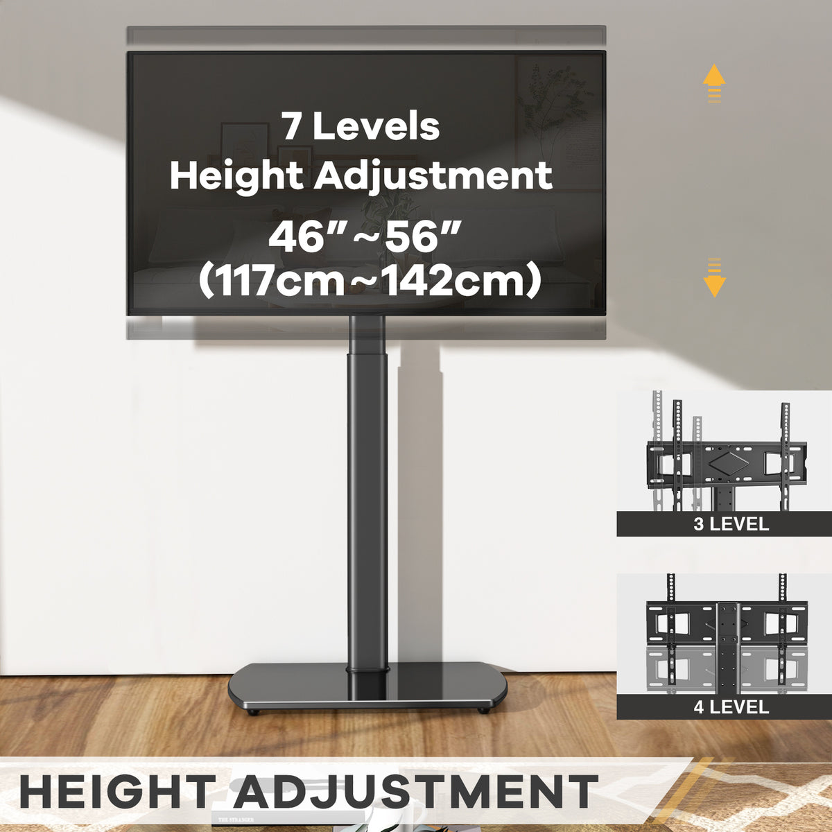 Swivel TV Floor Stand with Adjustable Height and Tempered Glass Base, Cable Management and Black or White Options for Compatible 32–65 Inch Television Setups