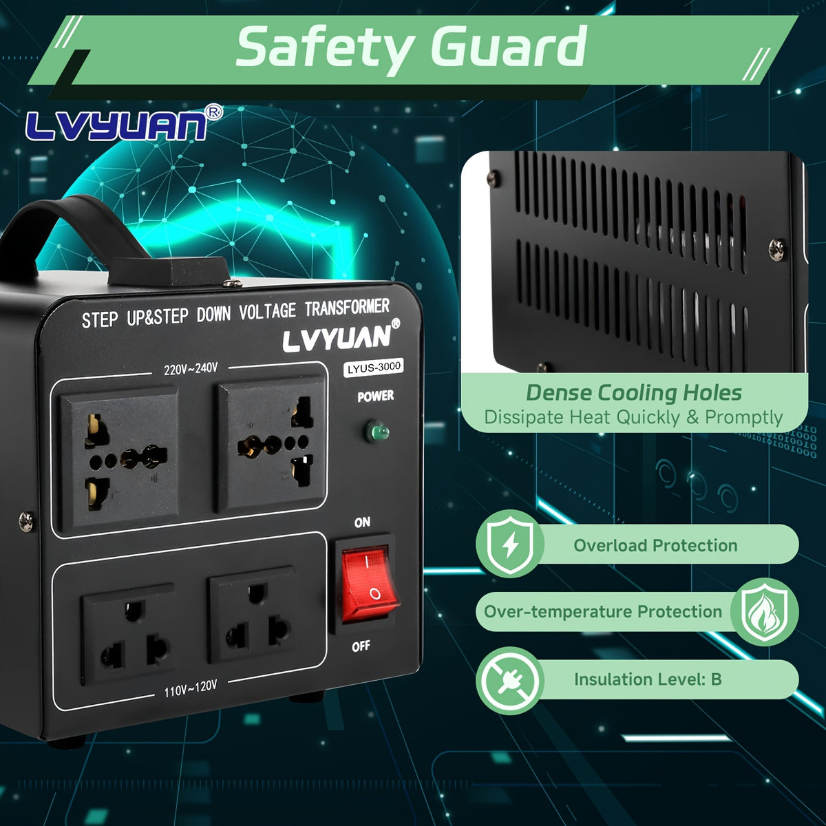 Step Up Down Voltage Converter by LVYUAN, 110V–120V to 220V–240V Transformer with Two US Outlets, Two Universal Outlets and Resettable Circuit Breaker