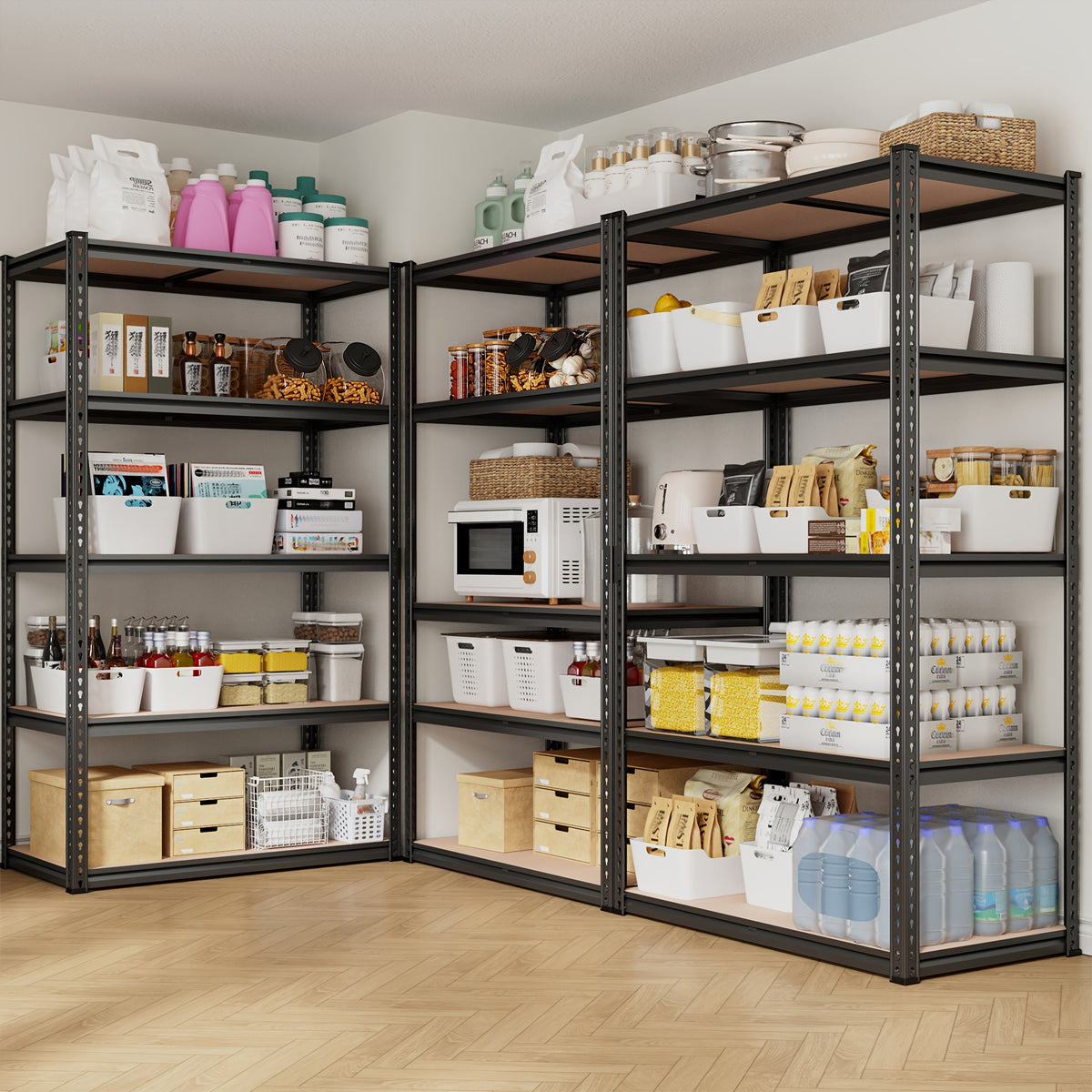 Five-Tier Garage Storage Shelving with Adjustable Shelf Heights, Listed 72-Inch Metal-Frame Rack in Black or Galvanized Options for Pantry and Basement Organization