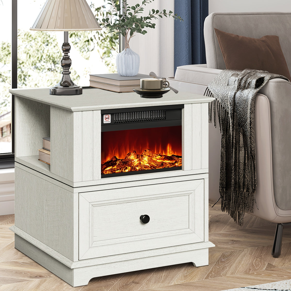Electric Fireplace End Table with Listed 180-Degree Rotation and 13-Inch Screen, Storage and Charging Station, Six Finish Choices for Living Room Layouts