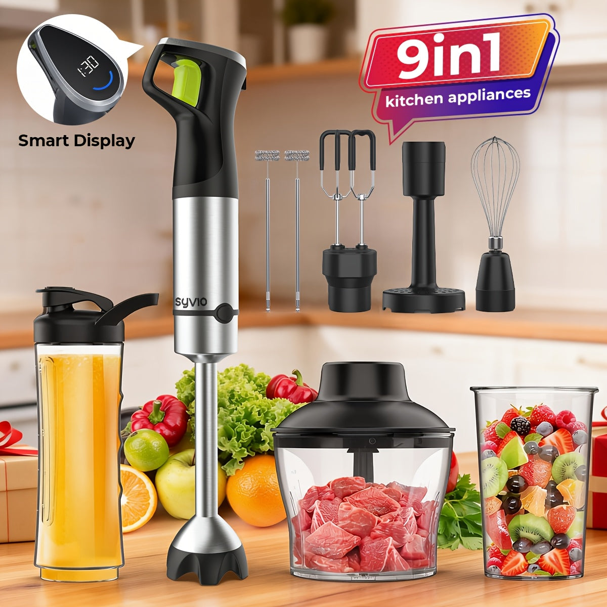 Syvio Immersion Blender 1200W, Heavy Duty 9-in-1 Hand Blender with Screen Time Display and Variable Speed Trigger, Includes Chopper, Whisk, Frother and Beaker for Soup, Puree, Smoothies, Baby Food