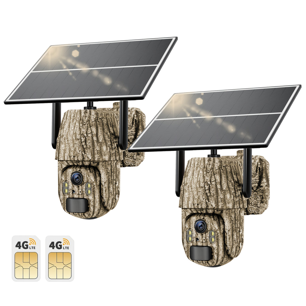 2K Cellular Trail Camera with Solar Panel and SIM Card, Listed 4G LTE Remote Pan Tilt, Spotlight Color Night Vision and Two-Way Audio in Camouflage One- or Two-Camera Packs