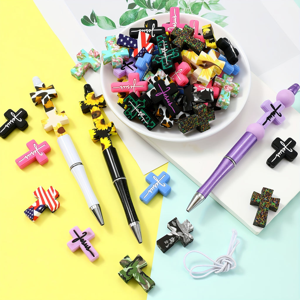 Cross Silicone Focal Beads in Random Multicolors for DIY Jewelry Making, Beadable Pen Decoration, Keychains, Bag Charms, Bracelets and Necklaces