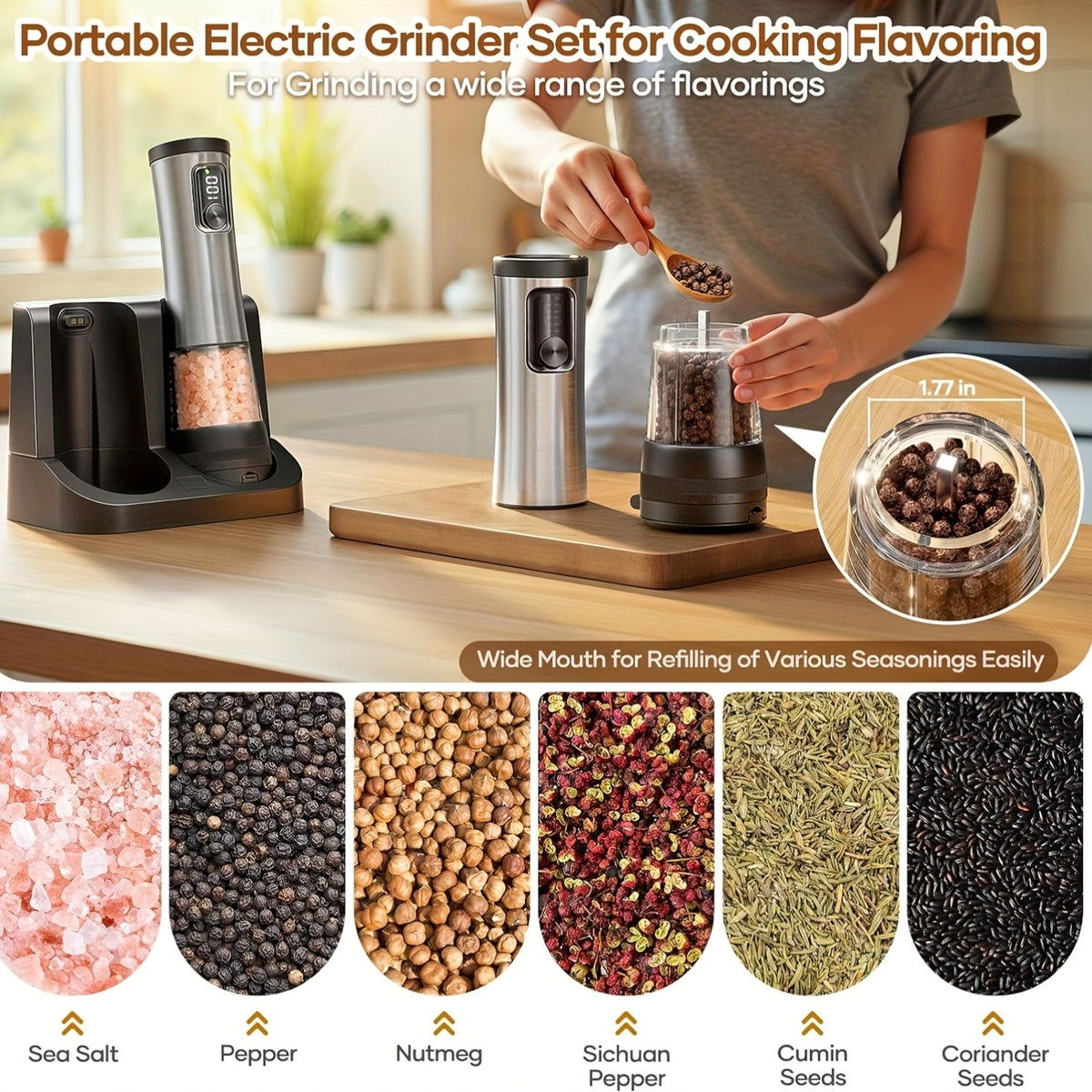 Rechargeable Salt and Pepper Grinder with Adjustable Coarseness and LED Display, 3-in-1 Silvery Black or 6.76oz Double Barrel Options for Kitchen Seasoning