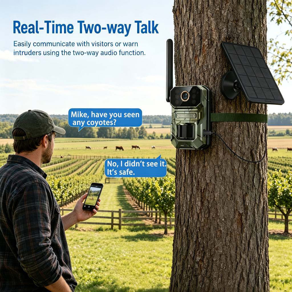 Farm Solar Trail Camera for Orchard and Livestock Monitoring with 125° Wide-Angle View, Listed 20W Solar Panel, 6000mAh Battery and Mounting Straps