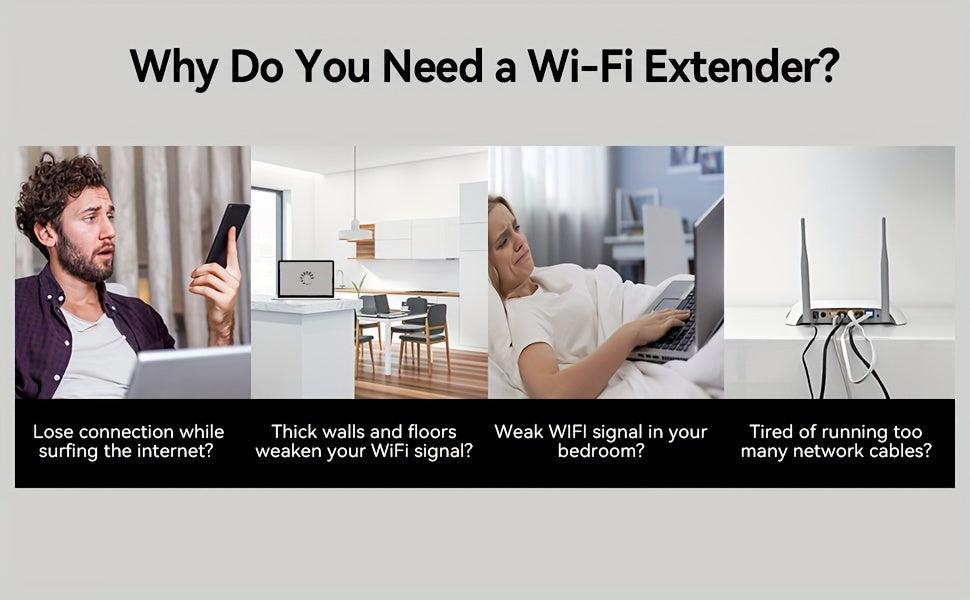 Black Dual-Band WiFi Extender with Ethernet Port, 2.4GHz and 5GHz Wireless Signal Booster and Repeater for Compatible Home Internet Networks