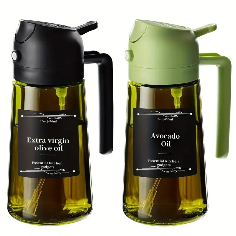 Glass Olive Oil Sprayer and Dispenser Set of 2, 2-in-1 Kitchen Bottles with Listed Automatic Flip Cap for Cooking and BBQ Prep, Random Olive Green or Clear Color