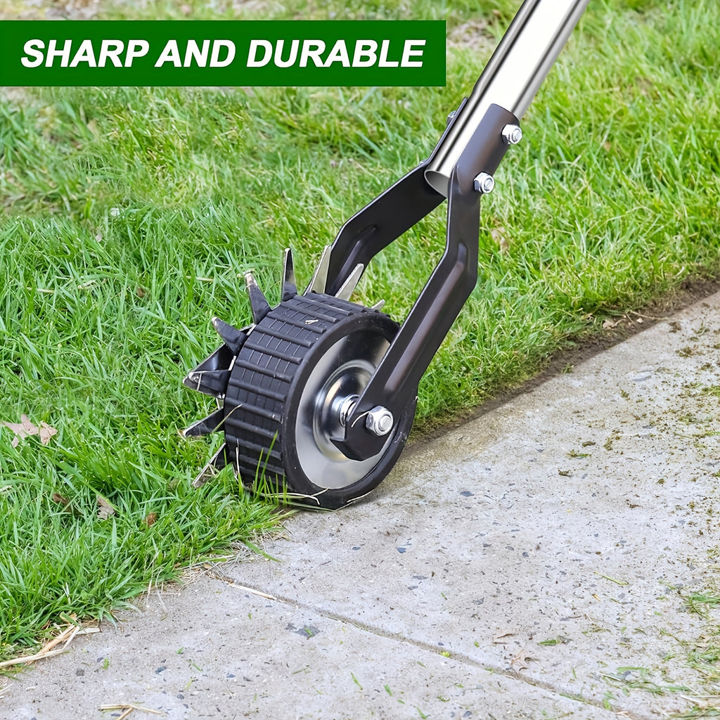 Manual Wheeled Lawn Edger by Sakerplus with Stainless Steel Sectional Handle, Three or Four Pole Sections for Garden Borders and Sidewalk Grass Trimming