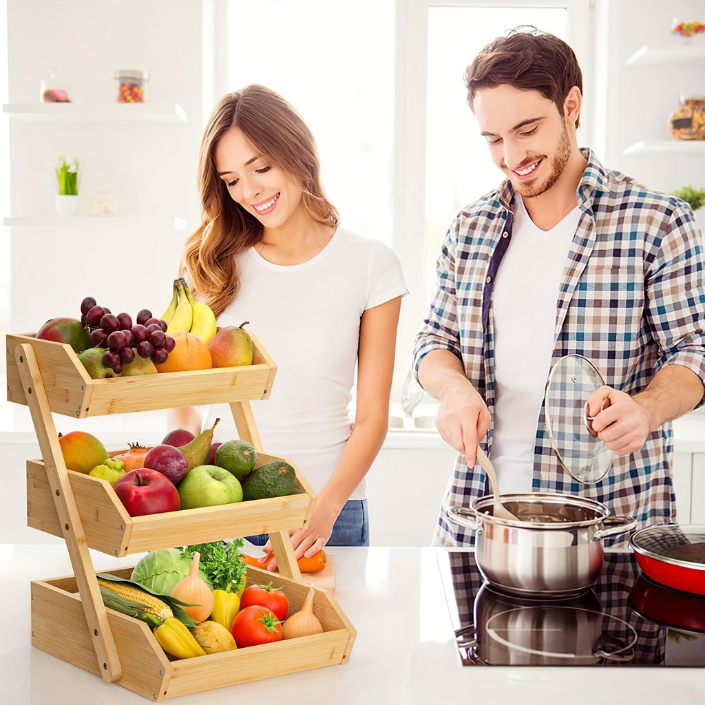 Wooden Fruit Basket Stand for Kitchen Countertops, Two or Three Tier Open Slat Produce Organizer with Natural Wood Finish and Detachable Hooks for Fruit, Bread and Packaged Snacks