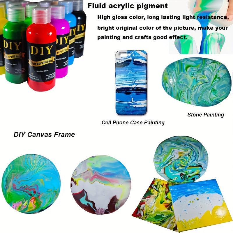 High-Gloss Fluid Acrylic Pour Paint Set with Six- or Twelve-Piece Options and Listed 2.03oz Bottles for Canvas, Plaster, Rock and Decorative DIY Art Projects