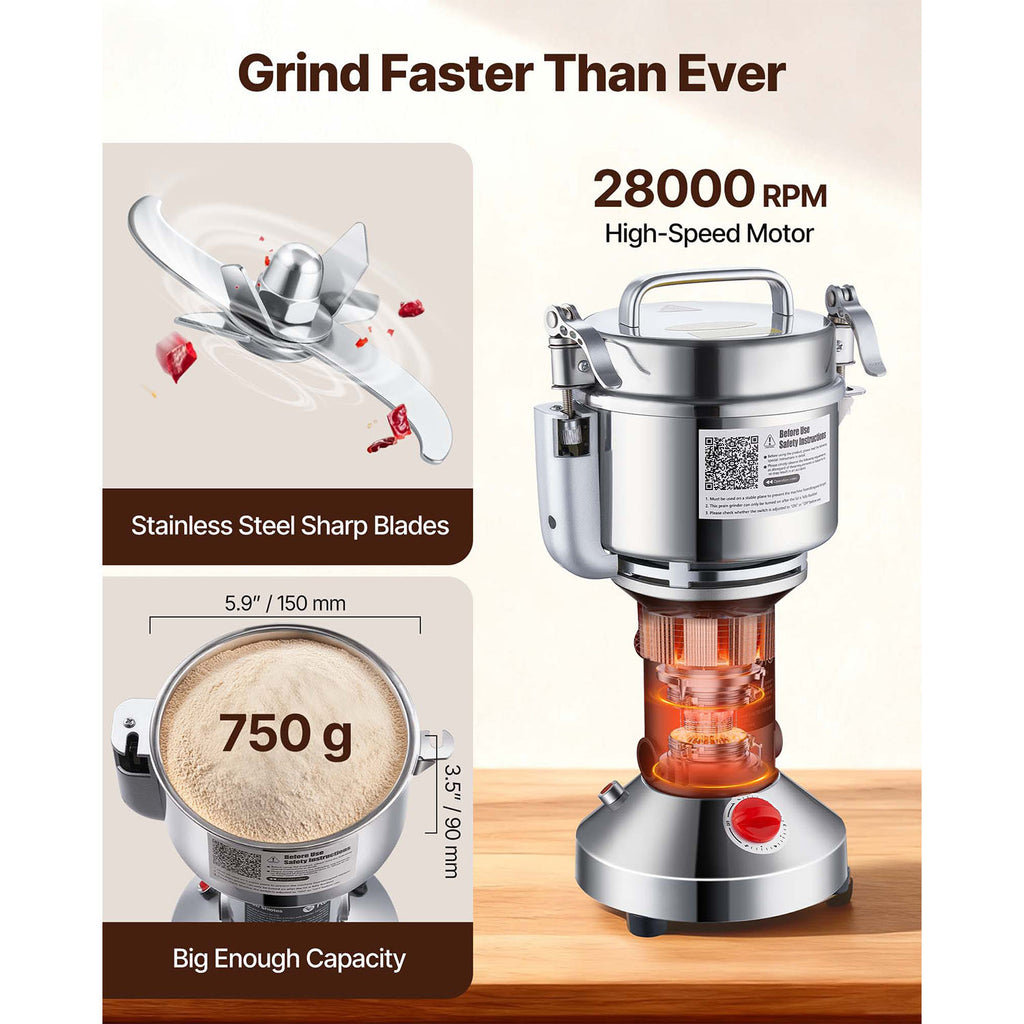 VEVOR Commercial Spice Grinder 750g, High Speed Electric Grain Mill Grinder with 28000 RPM Stainless Steel Pulverizer, Powder Machine for Dry Grains, Spices, Coffee, Corn and Pepper, 30-300 Mesh Fine Grinding, Straight Type