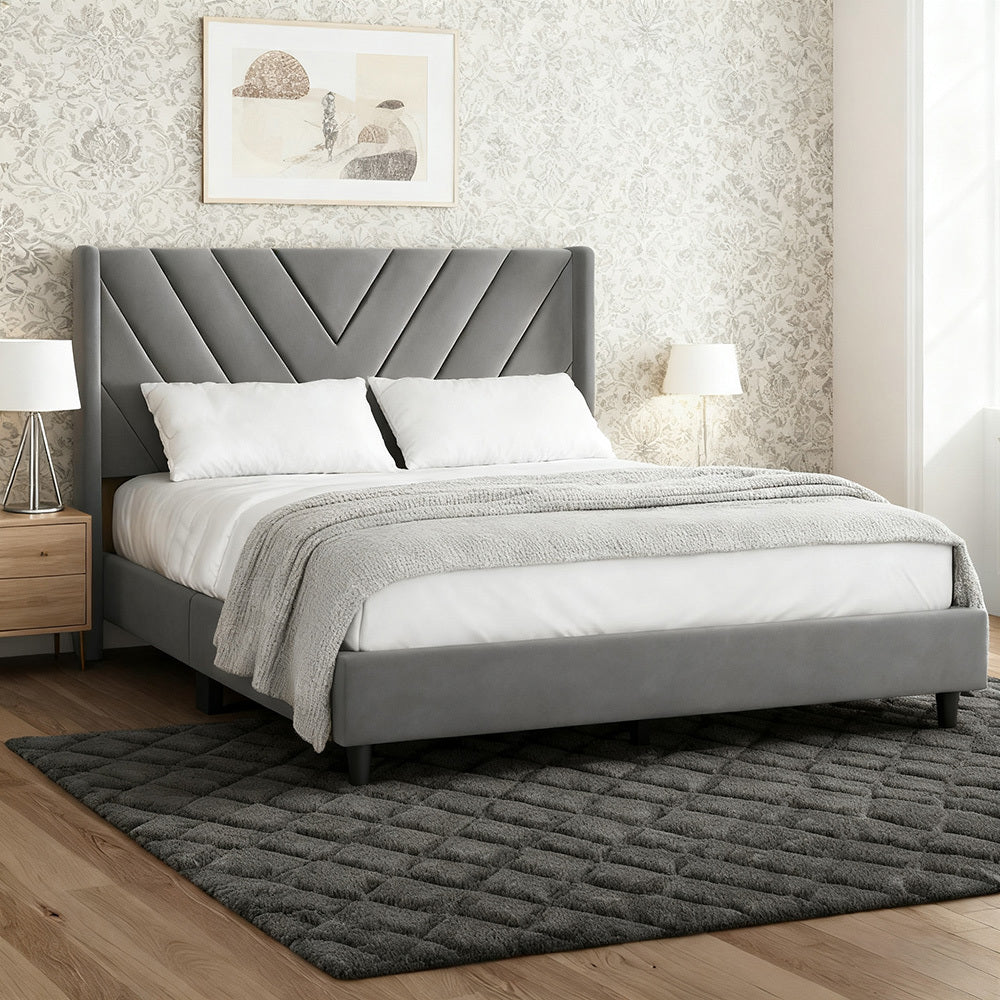 Velvet Platform Bed Frame by Costoffs with Wingback Headboard and Geometric Stitching, Wooden Slat Support, No Box Spring Needed, Twin to King Options