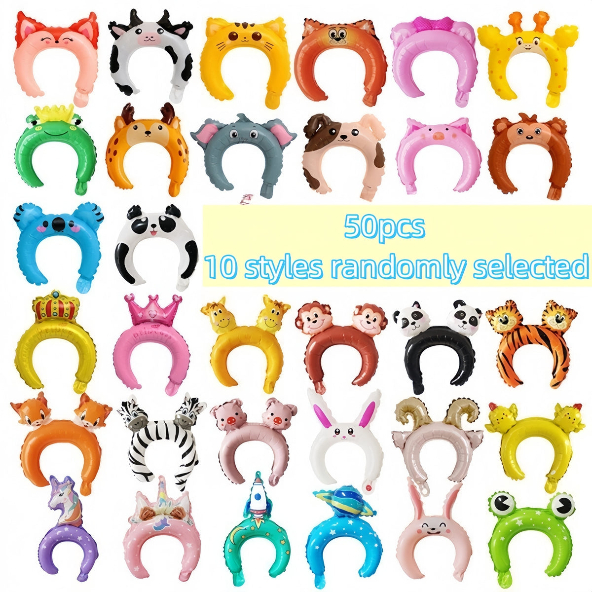 Zoo Animal Inflatable Headbands, 50-Piece Assortment with 10 Listed Styles for Safari and Jungle Birthday Party Favors, Balloon Hair Hoop Decorations