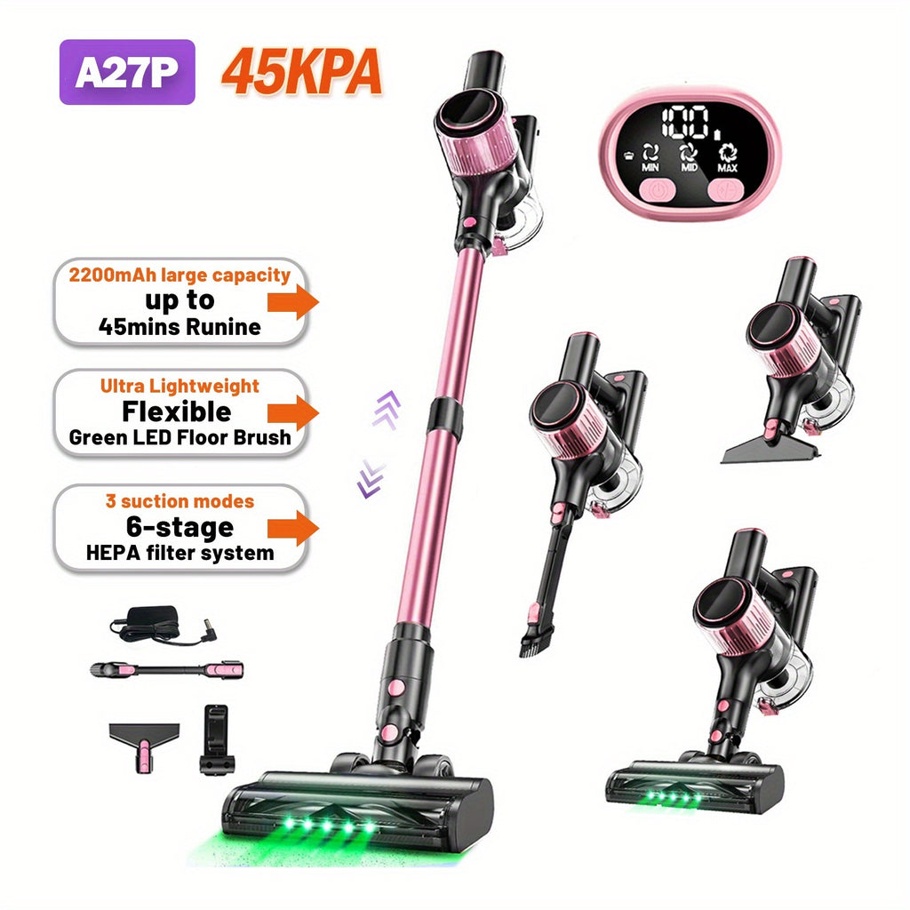 10-in-1 Cordless Stick Vacuum Cleaner, Lightweight Rechargeable Vacuum with Anti-Tangle Roller Brush, Upgraded Green LED Light and 45-Min Runtime, Powerful Suction for Hardwood Floors, Carpet, Pet Hair and Car Interior