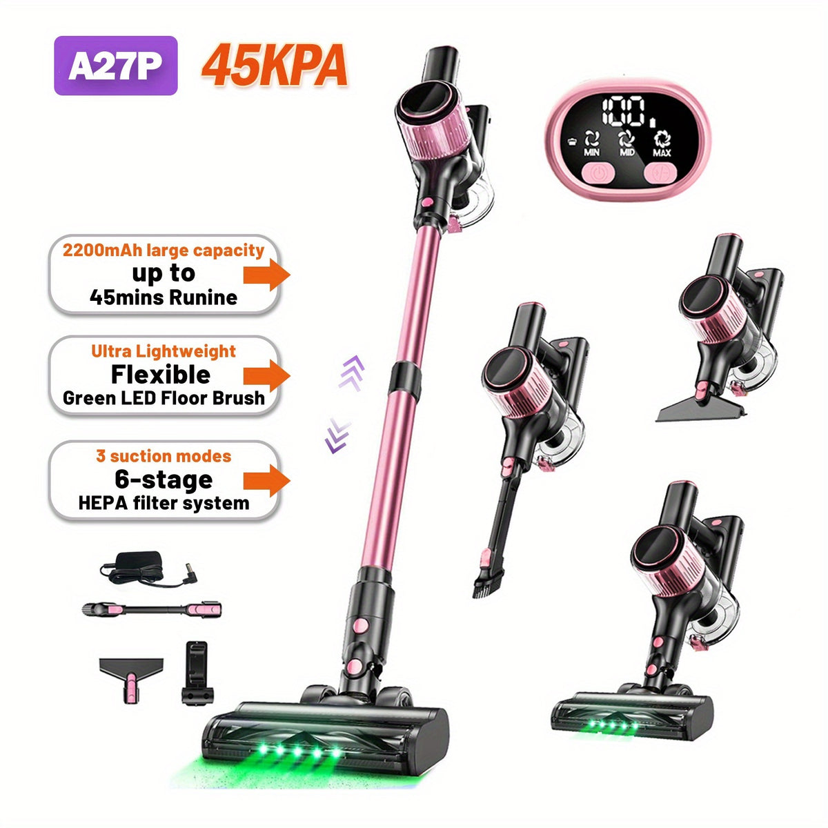 10-in-1 Cordless Stick Vacuum Cleaner, Lightweight Rechargeable Vacuum with Anti-Tangle Roller Brush, Upgraded Green LED Light and 45-Min Runtime, Powerful Suction for Hardwood Floors, Carpet, Pet Hair and Car Interior