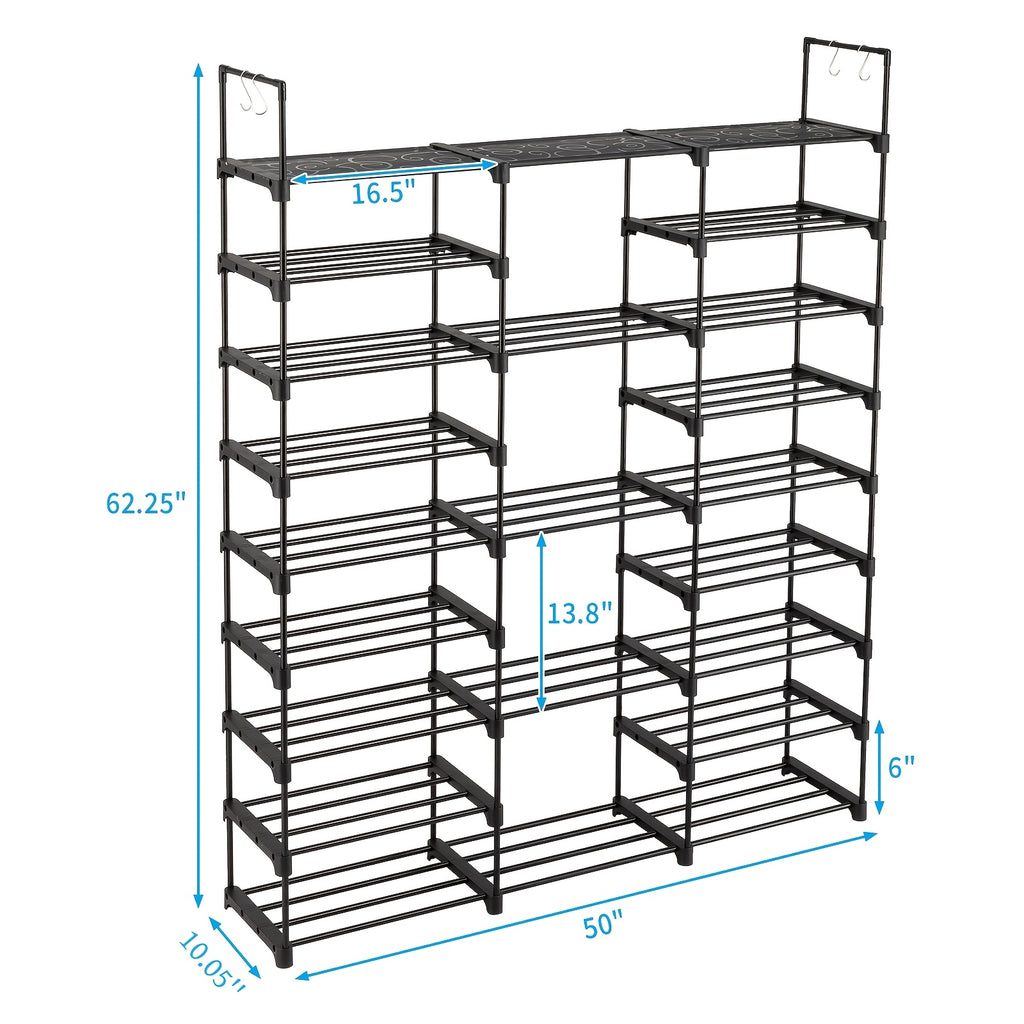 Modular Shoe Rack Organizer with Listed Metal Tubes and Tool-Free Assembly, Nine or Ten Shelf Configuration Labels for Entryway, Closet and Dorm Footwear Storage