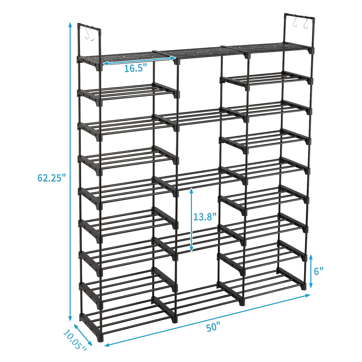 Modular Shoe Rack Organizer with Listed Metal Tubes and Tool-Free Assembly, Nine or Ten Shelf Configuration Labels for Entryway, Closet and Dorm Footwear Storage