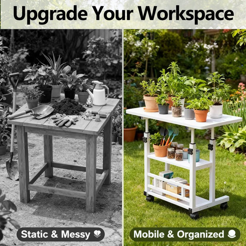 Adjustable Height Garden Workbench with Listed Metal Structure and Lockable Wheels, Plant Work Table in Wood Grain Black or Pearl White with Storage Options