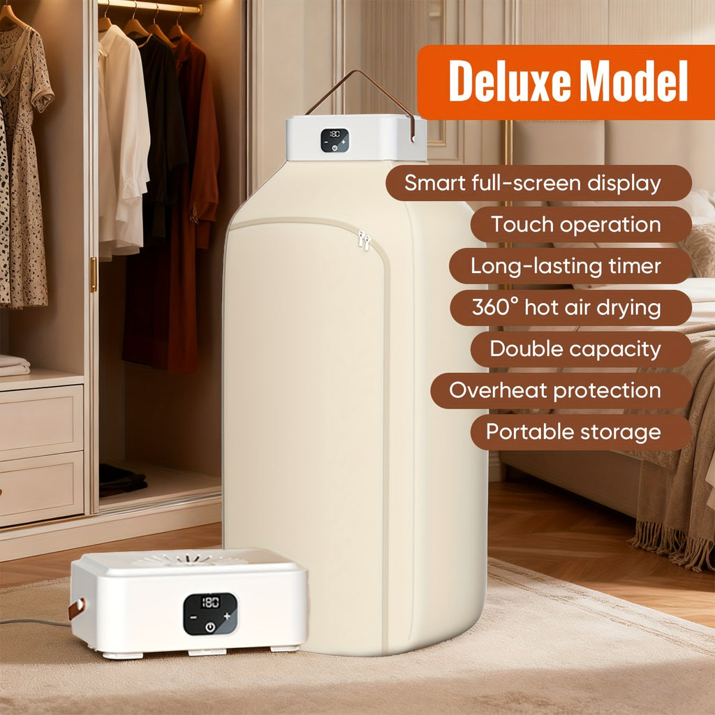 Touch-Screen Foldable Clothes Dryer with Drying Bag, Two-Speed Control and Timer, Compact Electric Garment Drying Machine for Small-Space Laundry Care