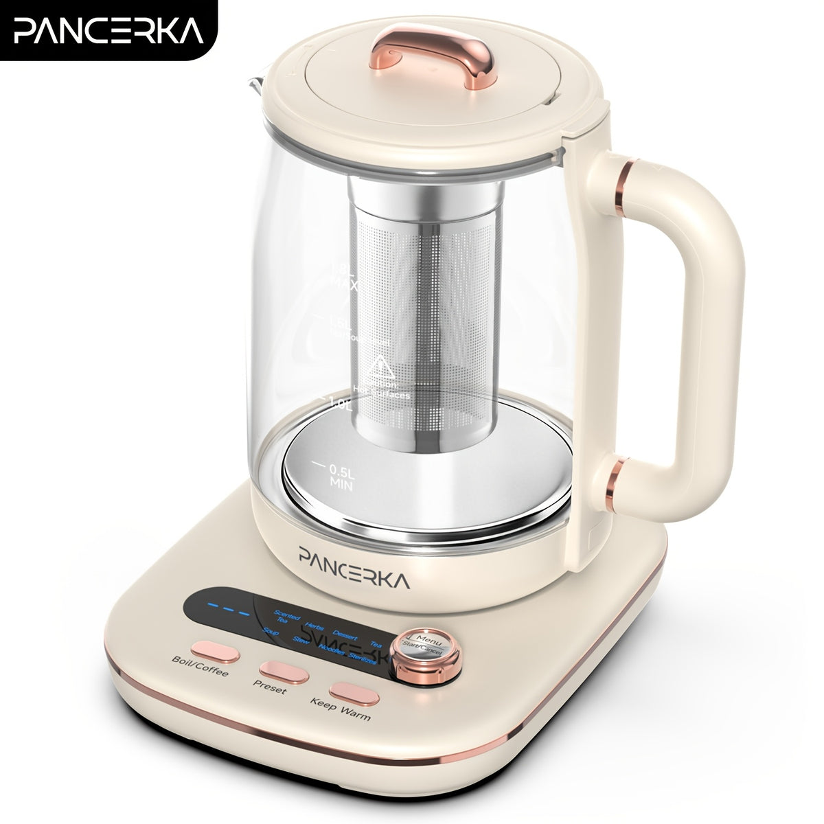 Electric Glass Tea Maker by PANCERKA, 1.8L Multifunction Kettle with Infuser and Detachable Filter in Beige for Home Tea Brewing & Kitchen Use