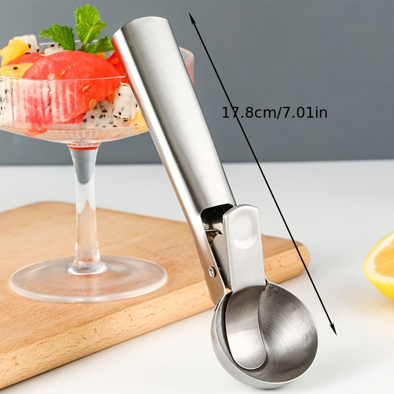 Ice Cream and Fruit Scoop in Stainless Steel, One-Piece Dual-Purpose Manual Serving Utensil for Dessert Bowls, Fruit Preparation and Home Entertaining